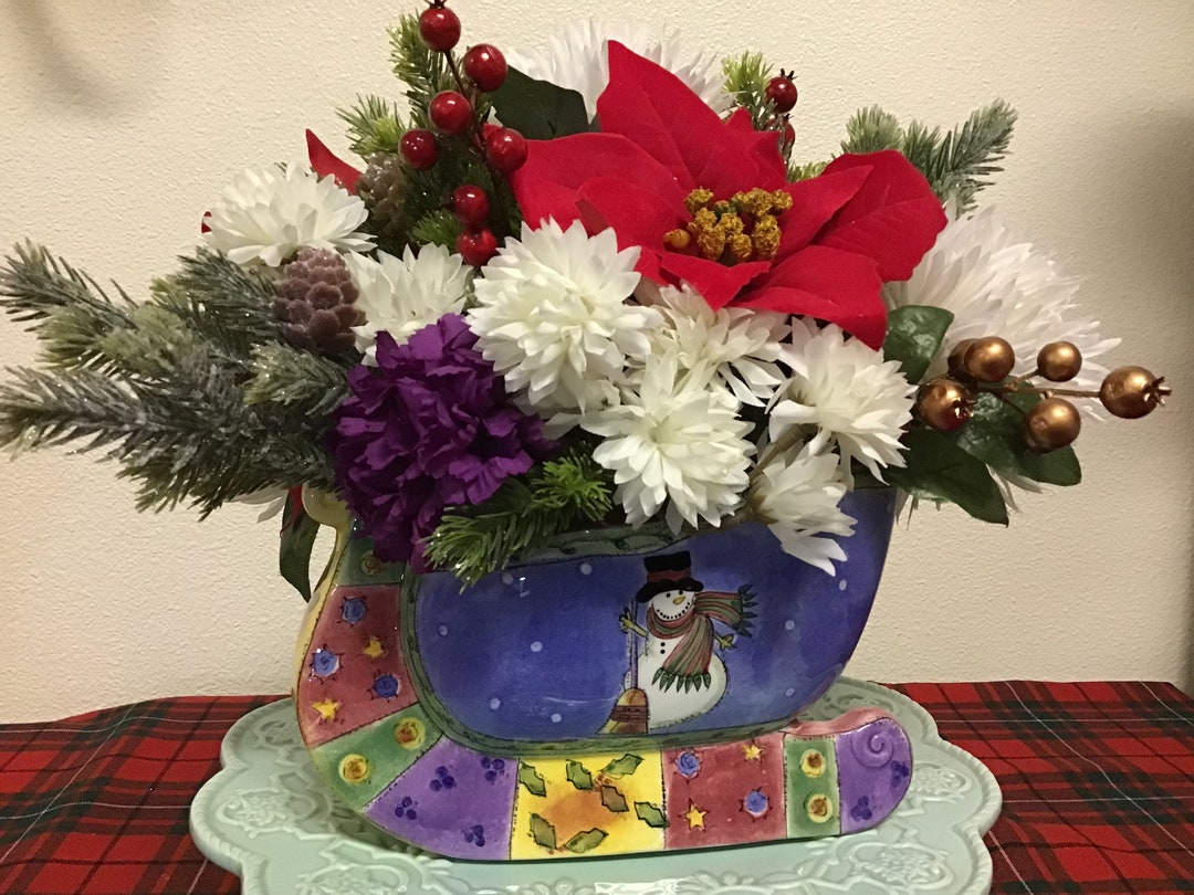 Snowman Sleigh Christmas Arrangement, Ceramic Floral Centerpiece