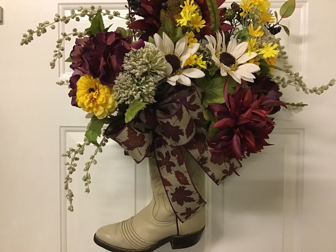 Large FALL COWBOY BOOT Wreath Deluxe Front Door Wreath Etsy