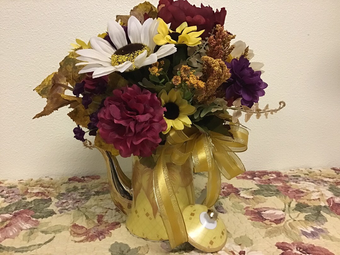Fall Arrangement, Gold Teapot W/leaf Design & Gold Trim, Deep Red Peony ...