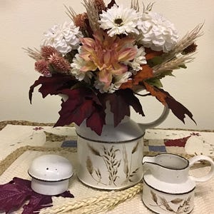 Charming Fall ~ Thanksgiving Wheat Design Coffee Pot Arrangement ~ Centerpiece, Cream Pitcher Included, Mixed Fall Flowers FREE SHIPPING!