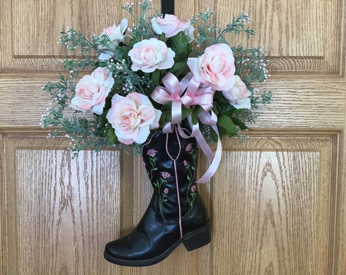 COWBOY BOOT WREATH, Black Cowboy Boot W/pink Rose Design on Boot