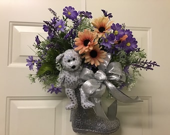 Summer Rain Boot Wreath, New Silver Rain Boot, Collectible Bear W/Silver Stars, Purple and Peach Flowers, Medium Size.  FREE SHIPPING!!