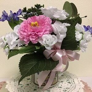 Pink, Purple & White &quot;Silk&quot; Flower Arrangement in a Lovely Decorative Porcelain Mug with Roses/Bluebirds and Spring Flowers.  FREE SHIPPNG!!