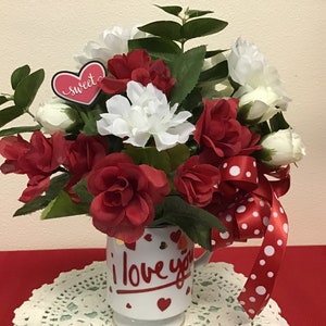 I LOVE YOU Teacup Arrangement!  Mug Says, &quot;I Love You,&quot; and is Covered W/Red & Gold Hearts, Tea Roses, Dahlias, Rosebuds.  Free Shipping!
