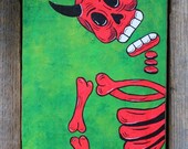Horned Devil Skeleton on Green Original Painting Day of the Dead Mexico Folk Art