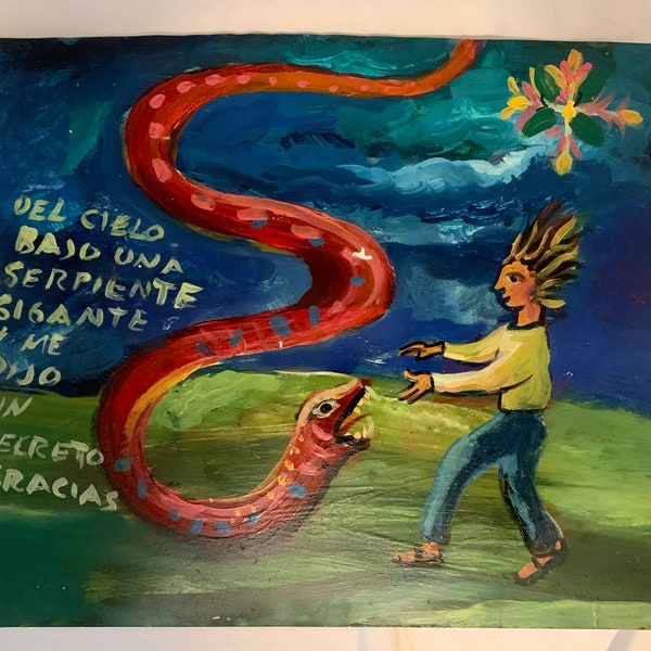 Mexican Folk Art Miguel Hernandez Soeaking with the serpent Ex Voto