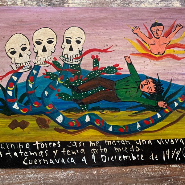 Mexican Folk Art Triple Skull-Headed Snake Attacks Man Ex Voto Retablo