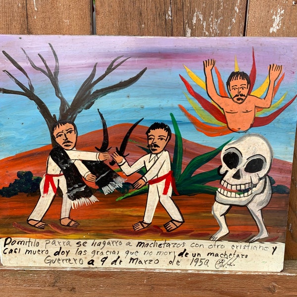 Mexican Folk Art Snakeman Attacks Man Ex Voto Retablo