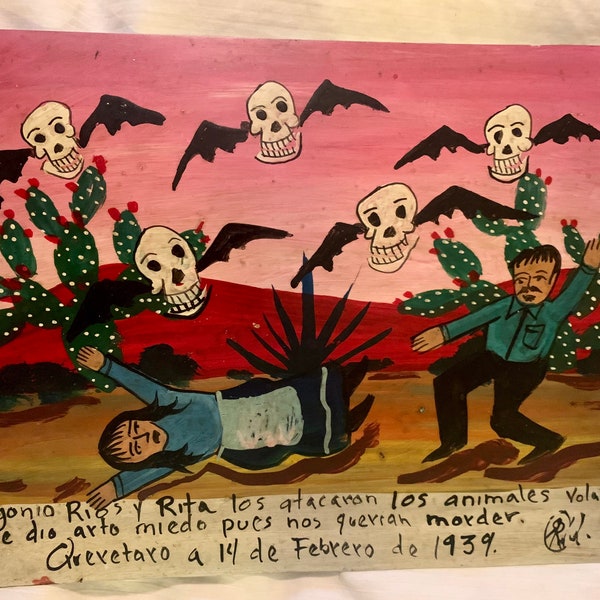 Mexican Folk Art flying creatures attack couple Ex Voto Retablo