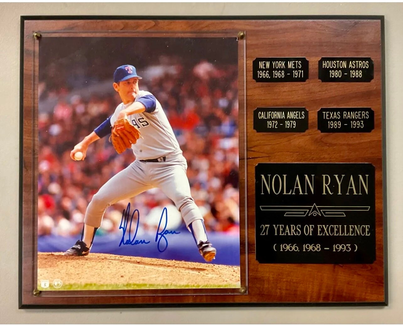 Autographed Nolan Ryan 8x10 Inch Photo on a Wood Plaque With 