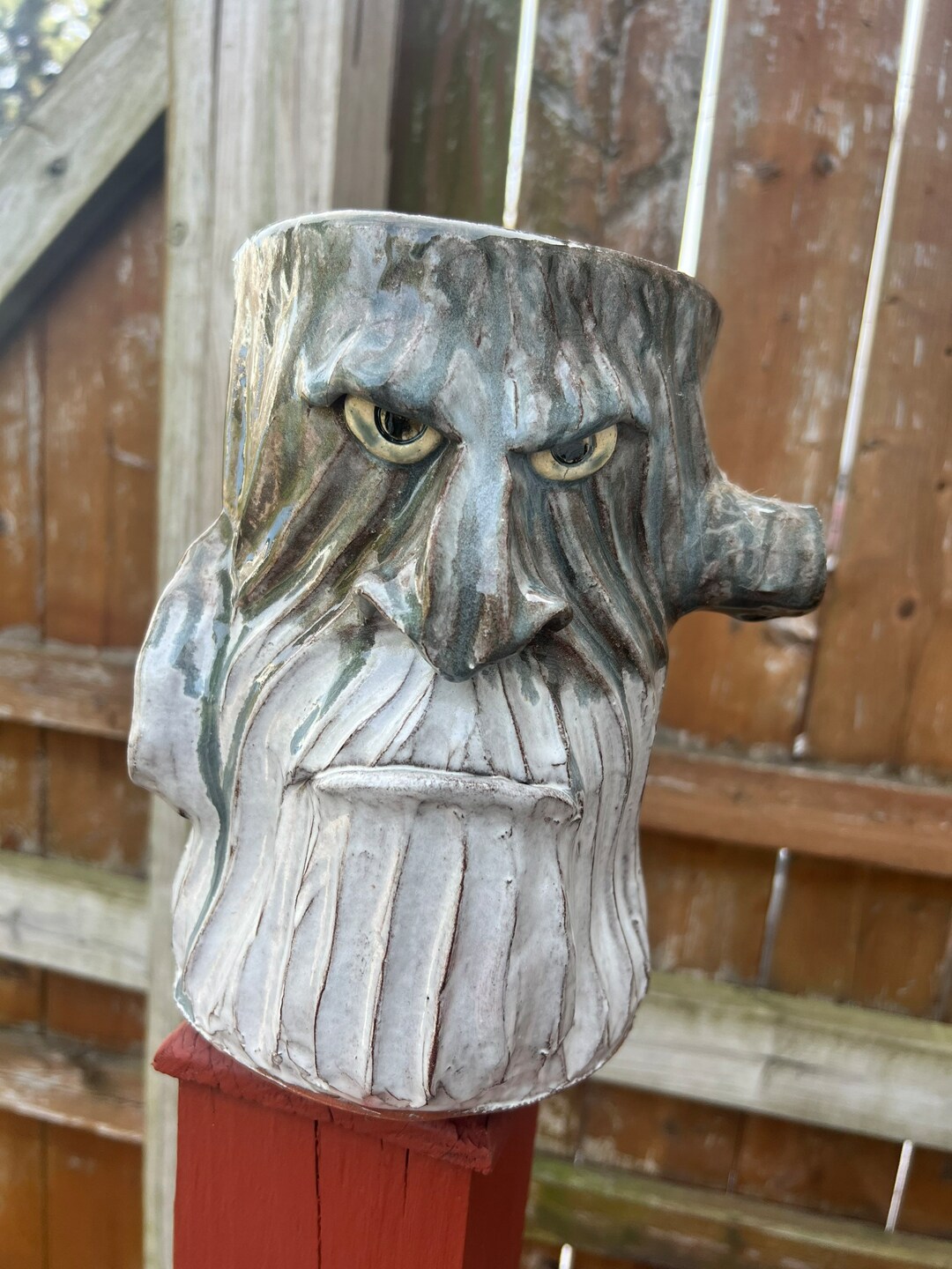 North Folk Art Face Jug Pottery Green Stump Jug Artist Etsy