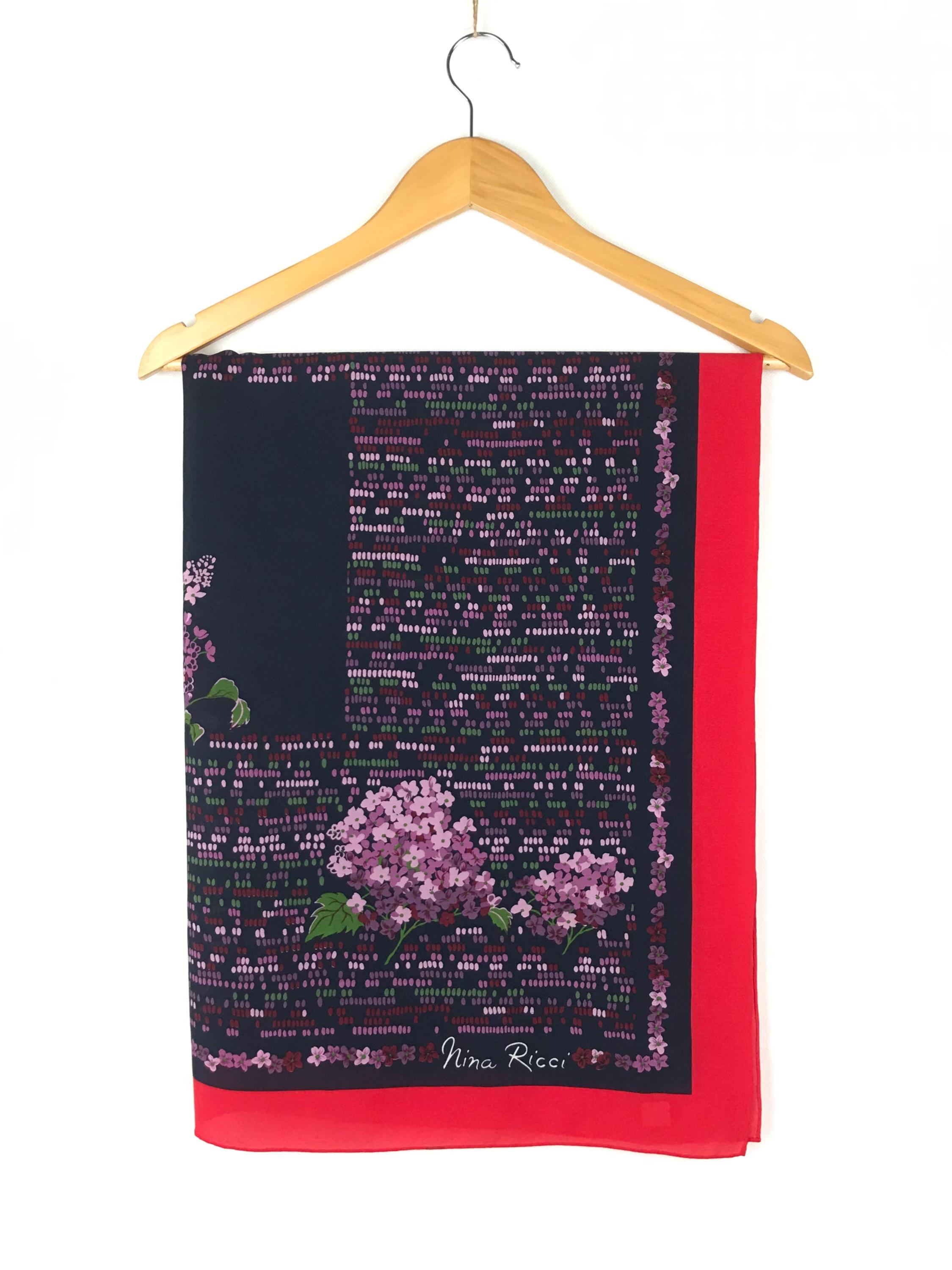 Foulard Carré Nina Ricci En Soie 100% - Rouge, 90cm, Ourlet Main - Vintage Occasion