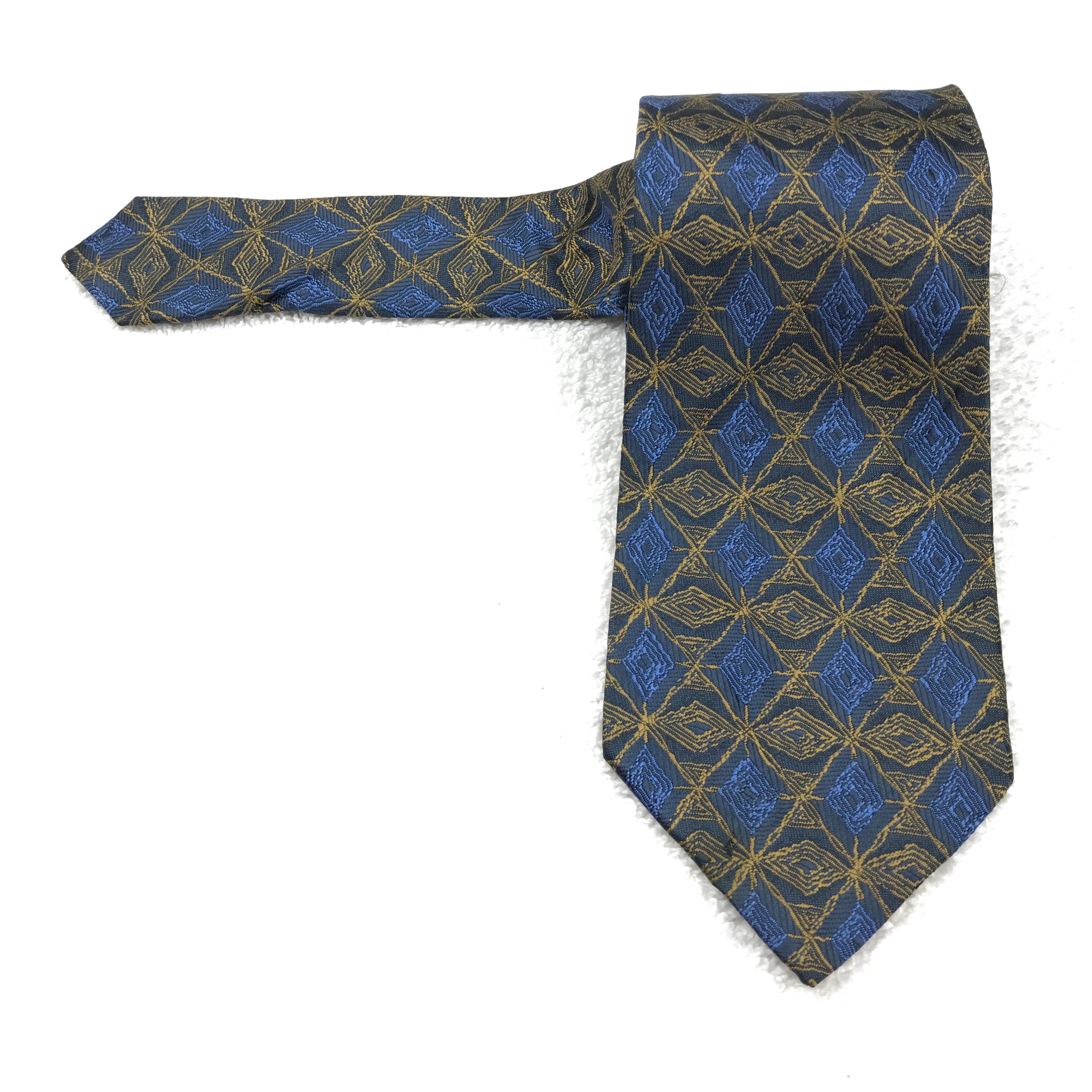 YVES SAINT LAURENT Silk Necktie: Blue & Gold Geometric Designer Vintage Tie YSL302