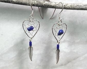 Sterling Silver Heart Dreamcatcher Earrings: Lapis Feather Dangle