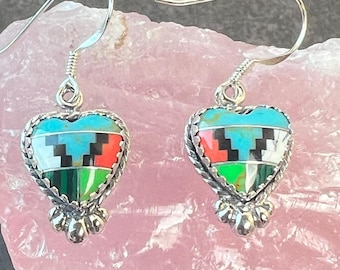 Sterling Silver Inlay Heart Earrings: Southwest Dangle Jewelry