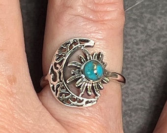 Sterling Silver Crescent Moon & Sun Ring | Genuine Kingman Turquoise Gemstone | Boho Celestial Jewelry Gift