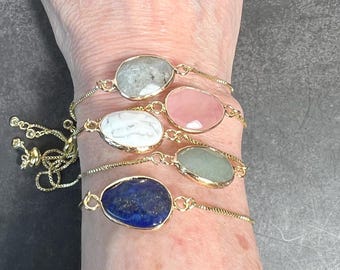 18k Gold Gemstone Bolo Bracelet: Aventurine, Lapis Lazuli & More