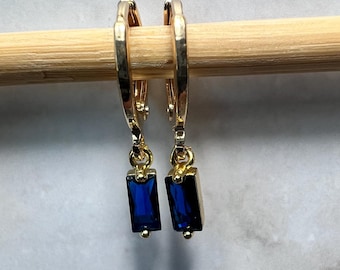 Gold Huggie Earrings: Dangle CZ Gemstone Leverback Hoops