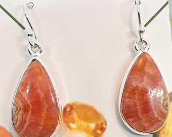 Rhodochrosite Sterling Silver Dangle Earrings: Teardrop Gemstone Jewelry