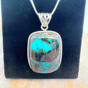 Natural Azurite green-blue-black stone Necklace 925 Sterling Silver 22 inch chain