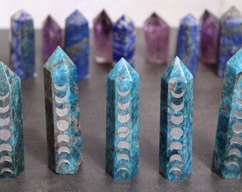 Blue Apatite Crystal Point Tower: Silver Moon Phases, Metaphysical Decor