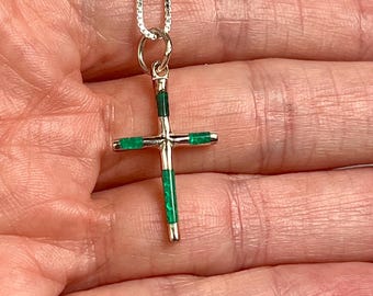 Malachite Cross Pendant | 925 Sterling Silver Green Gemstone Necklace | Spiritual Faith Jewelry Gift