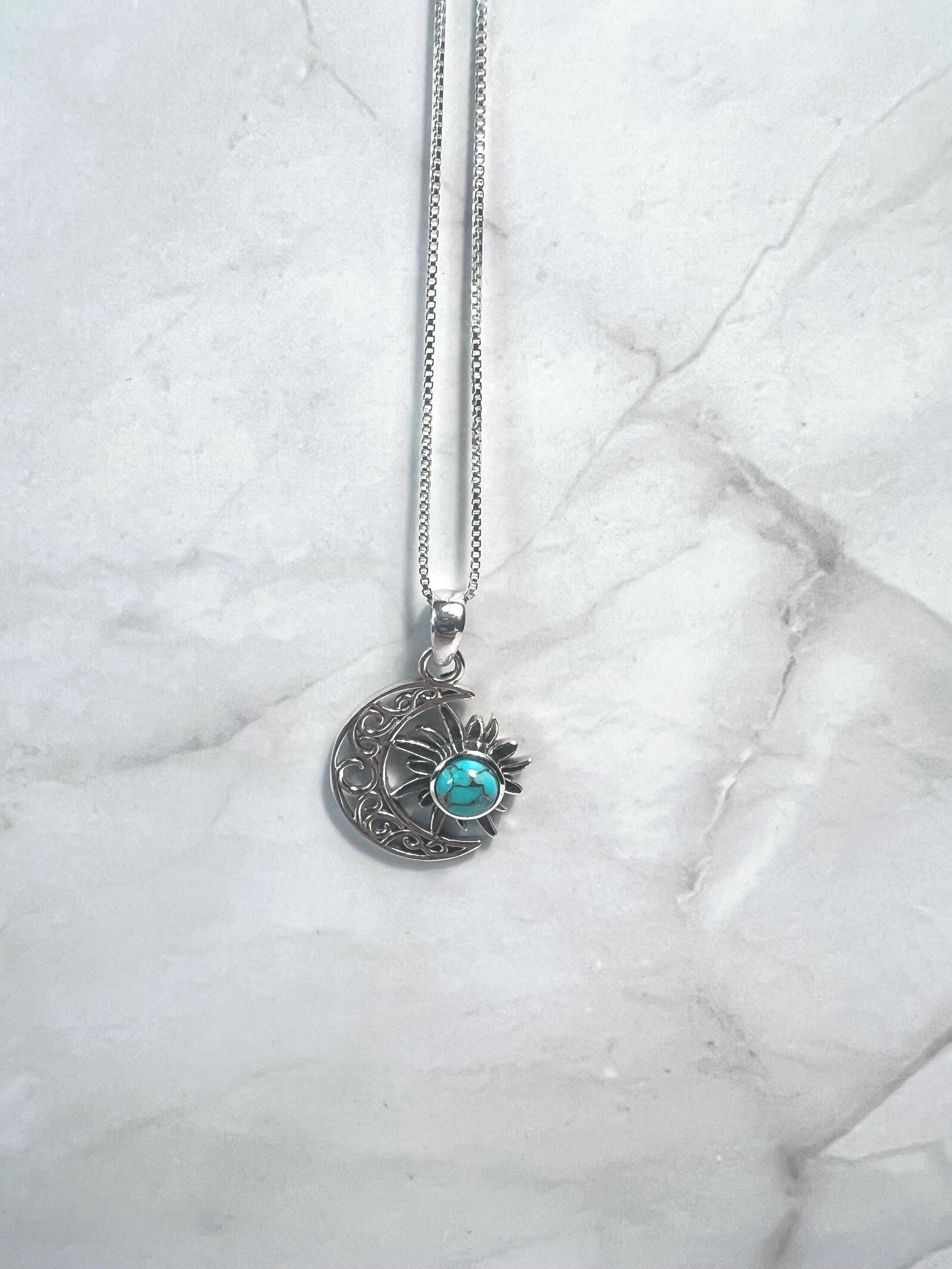 Sterling Silver Crescent Moon & Sun Pendant | Genuine Copper Turquoise ...