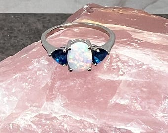 Opal and Sapphire Heart Ring: Sterling Silver Solitaire