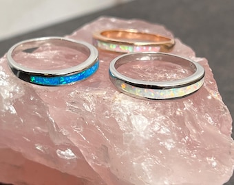 Fire Opal Inlay Ring: Dainty Sterling Silver Stacking Band