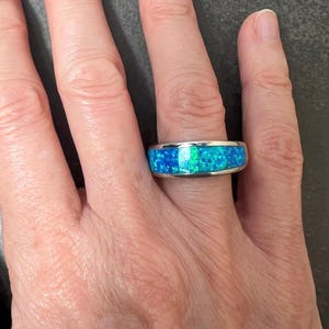 Opal Ring, Men&#39;s Wedding Band, Mens Sterling Silver Ring, Blue or White Fire Opal Inlay Couple Ring, Wedding Ring, Promise Ring for Him