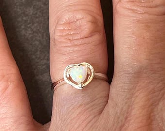 Sterling Silver Opal Heart Ring: Dainty October Birthstone Promise Ring