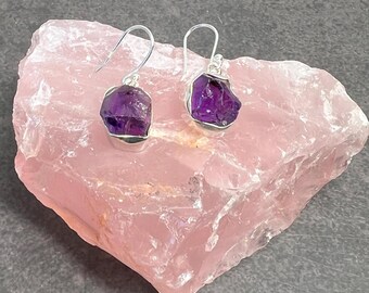 Raw Amethyst Earrings: Sterling Silver Rough Crystal Dangle