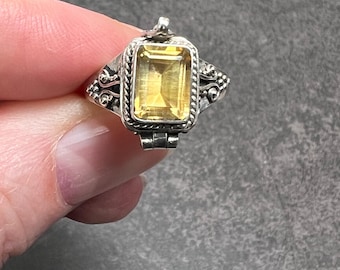 Emerald Cut Citrine Poison Ring, 925 Sterling Silver Locket Ring
