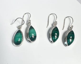 Sterling Silver Malachite Dangle Earrings: Marquise or Teardrop Gemstone
