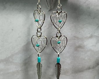 Sterling Silver Heart Dreamcatcher Earrings: Turquoise Feather, Southwest Style