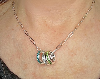 Personalized Birthstone Necklace: Sterling Silver Paperclip Chain, Gift for Mom
