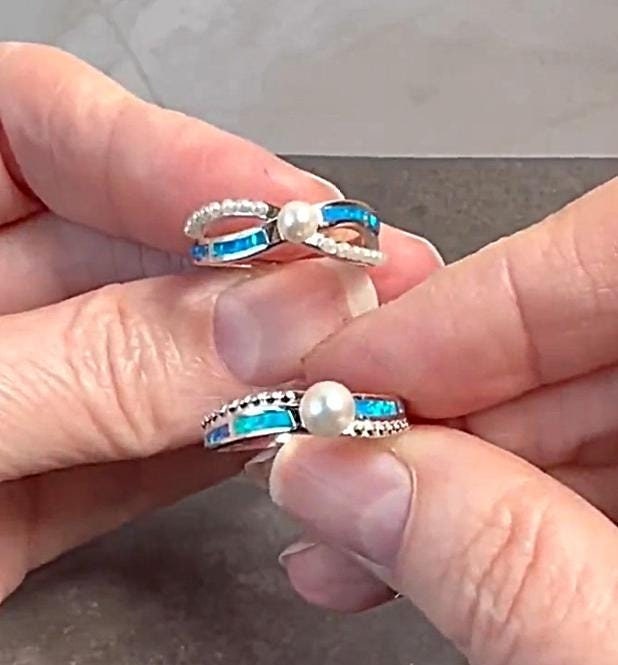 Fire Opal Inlay Pearl Ring: Sterling Silver Dainty Solitaire