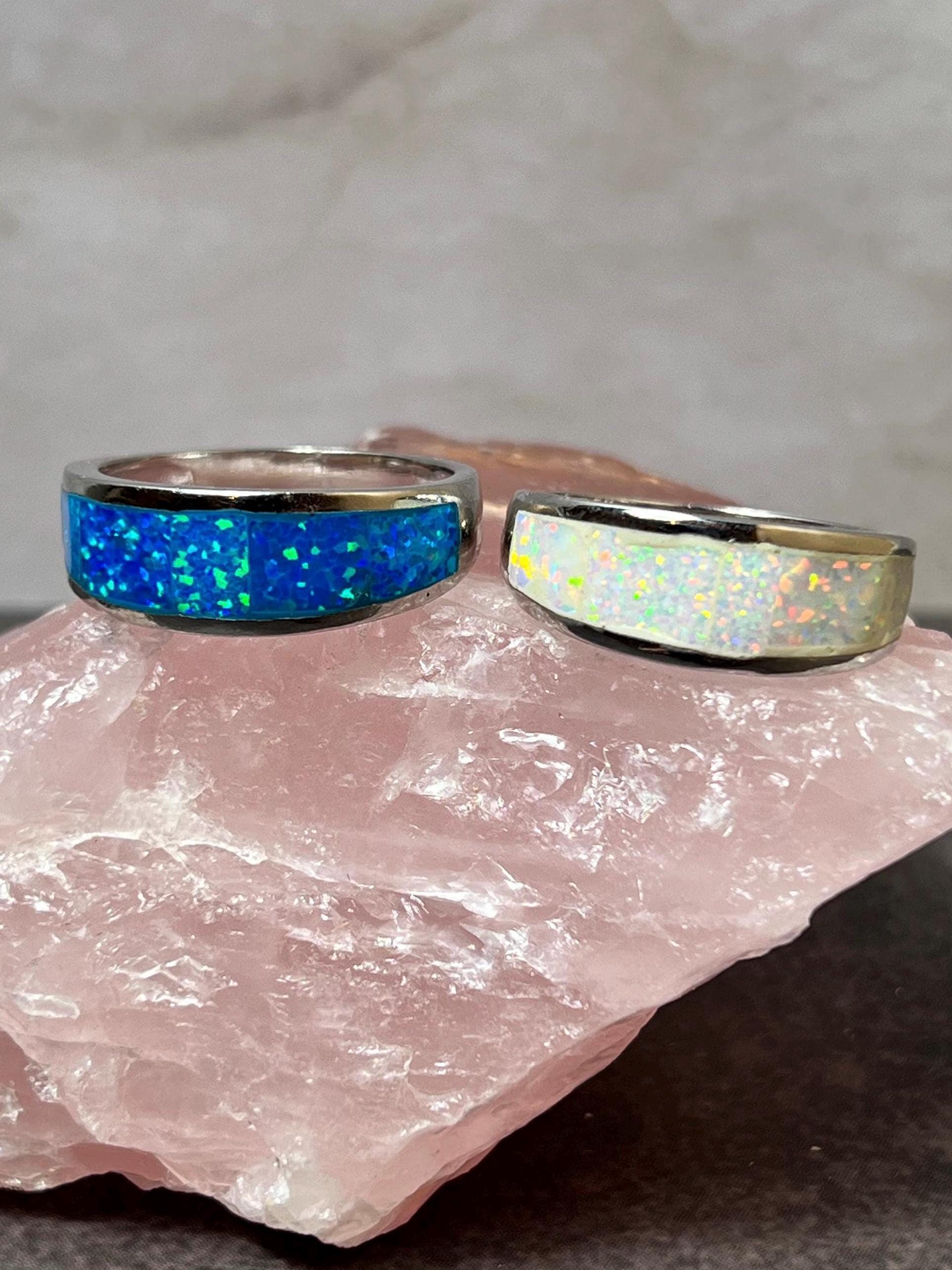 Sterling Silver Opal Ring: Blue Fire Inlay Wedding Band - Etsy