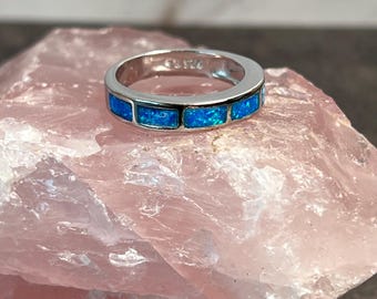 Blue Fire Opal Sterling Silver Ring - Dainty Stacking Jewelry
