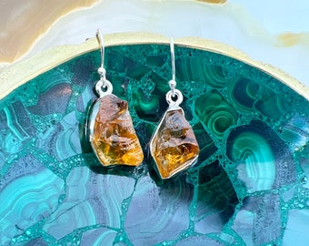 Natural Citrine Rough / Raw Gemstone Sterling Silver Dangle Earrings