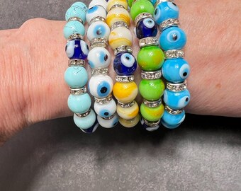 Handmade Evil Eye Bracelet: Murano Glass Beads, CZ Spacers