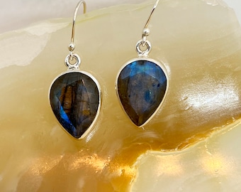 Handmade Sterling Silver Labradorite Earrings: Teardrop Dangle Jewelry