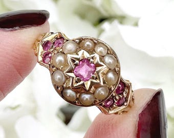 Victoriaanse 15 kt zaadparel en robijn ring Starburst antieke cluster