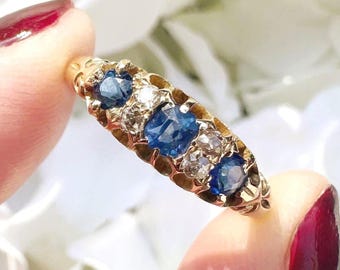 18ct Gold Victorian Sapphire and Diamond Ring Antique