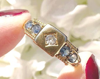 18kt gouden antieke edwardiaanse zigeunerring met saffier en diamant