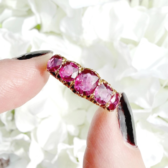 Antique 2 Carats 9k Ruby Five Stone Ring Pink Rose Gold Victorian Edwardian