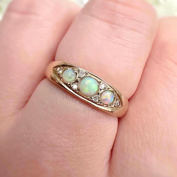 Vintage 9k Gold Opal and Diamond Boat Ring Tri Stone: London 1991