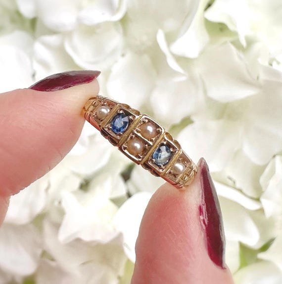 Antique 15ct Gold Edwardian Sapphire and Pearl Boat Ring