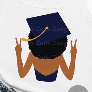 Senior zwarte vrouw - Black Girl afstuderen SVG - African American Graduation Girl Svg - Graduation Cap blauw goud clipart - S328