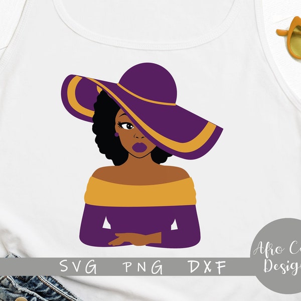 Purple gold lady large striped hat - African American - Afro Girl- svg cutting file + dxf png - Black hair svg - Afrohair clip art - S515